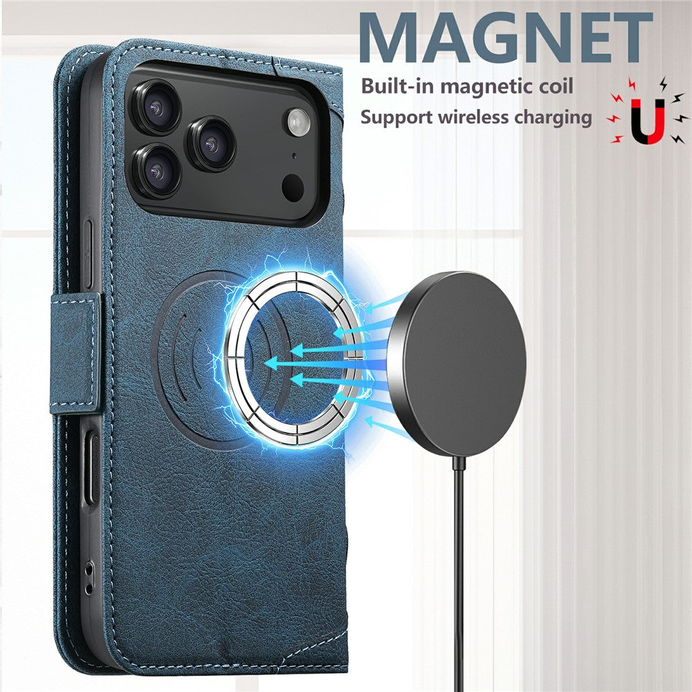 SUTENI J07 For iPhone 17 Pro Max Case Compatible with MagSafe Litchi Texture Leather Wallet Phone Cover - Blue