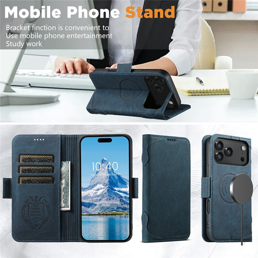 SUTENI J07 For iPhone 17 Pro Max Case Compatible with MagSafe Litchi Texture Leather Wallet Phone Cover - Blue