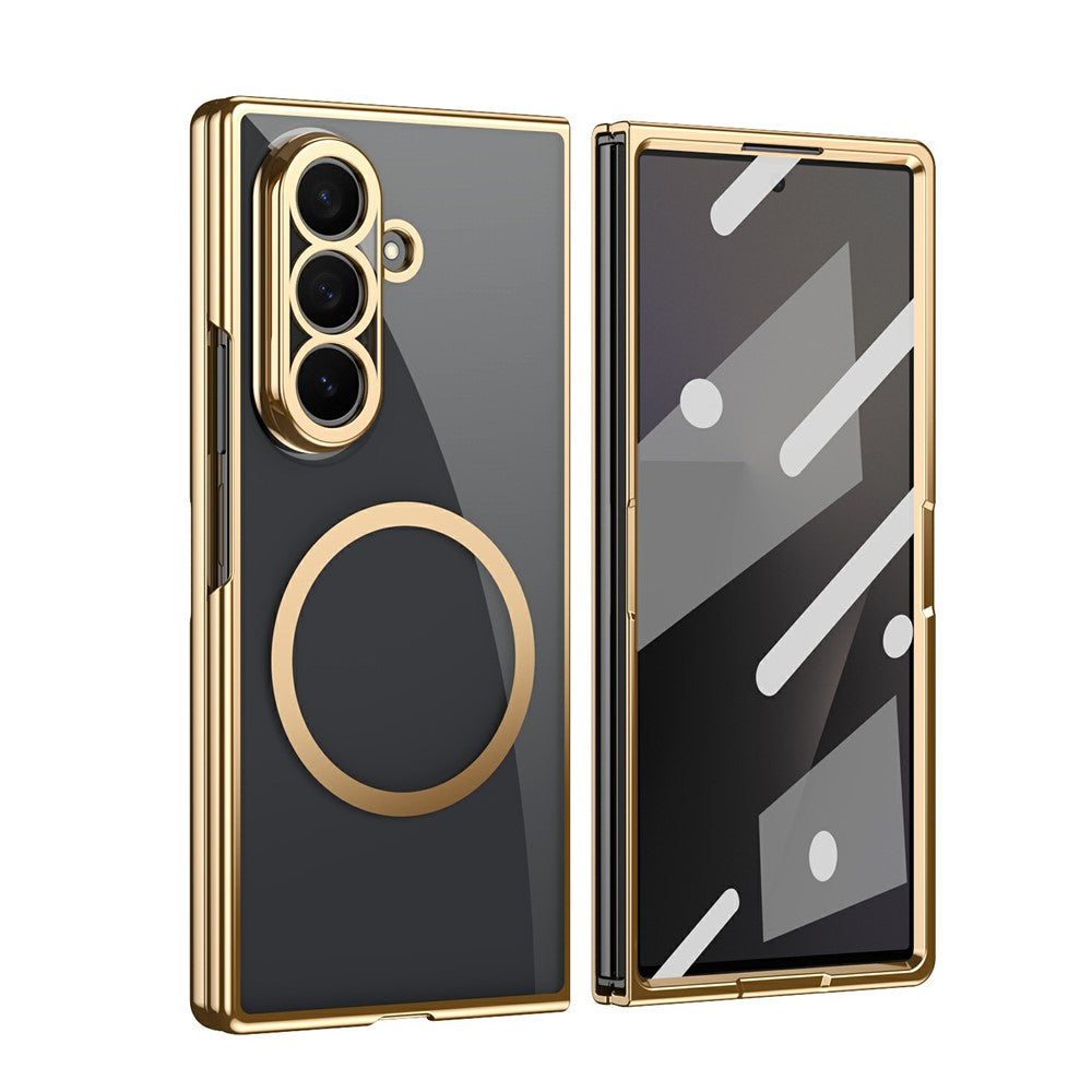For Samsung Galaxy Z Fold7 5G Magnetic Case Electroplated PC Clear Phone Cover with Tempered Glass Film - Gold