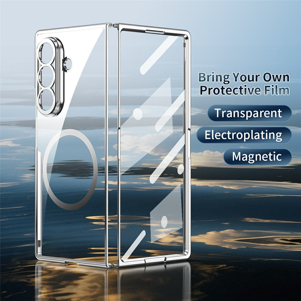 For Samsung Galaxy Z Fold7 5G Magnetic Case Electroplated PC Clear Phone Cover with Tempered Glass Film - Silver