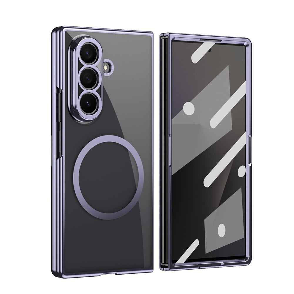 For Samsung Galaxy Z Fold7 5G Magnetic Case Electroplated PC Clear Phone Cover with Tempered Glass Film - Dark Purple