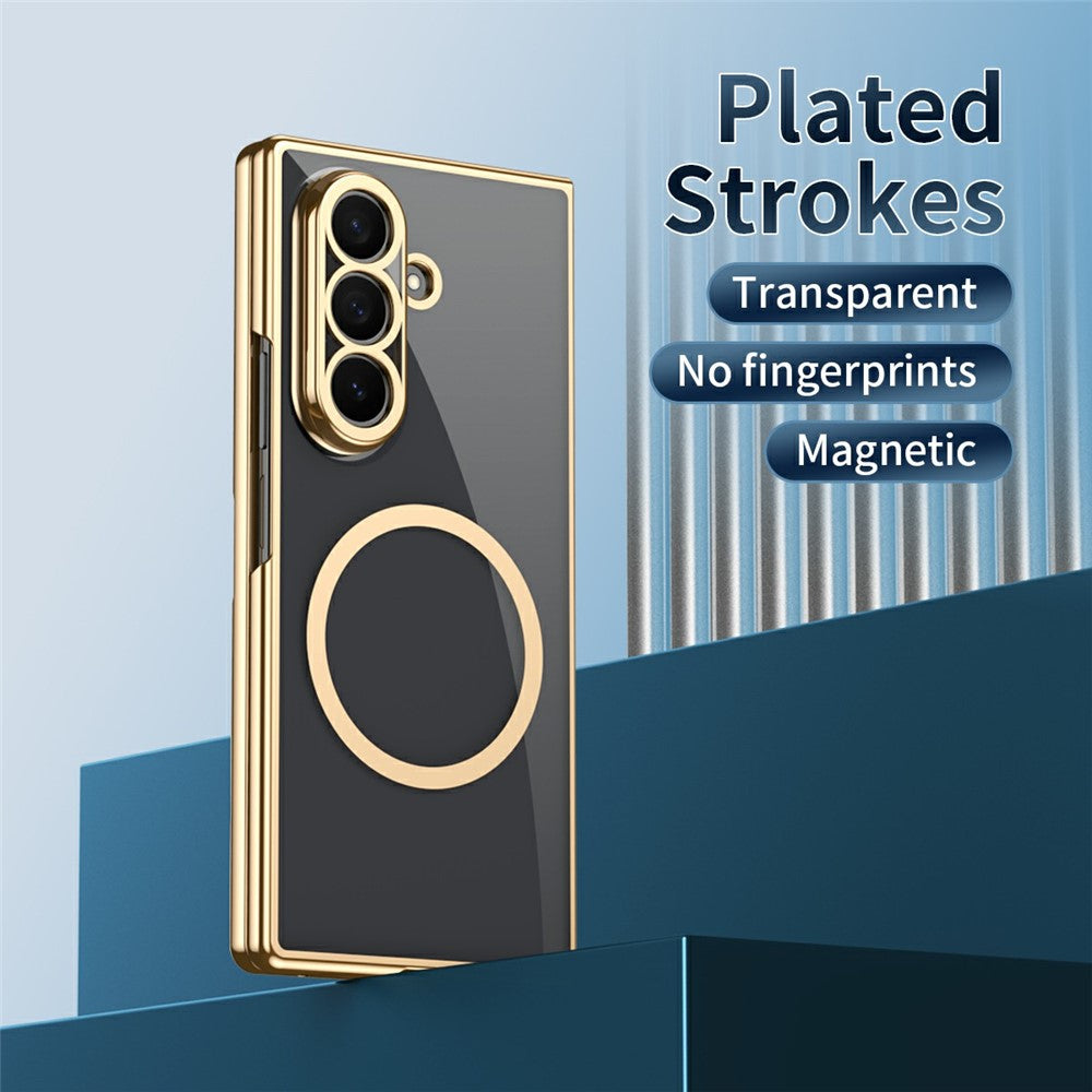 For Samsung Galaxy Z Fold7 5G Magnetic Case Electroplated PC Clear Phone Cover with Tempered Glass Film - Dark Purple