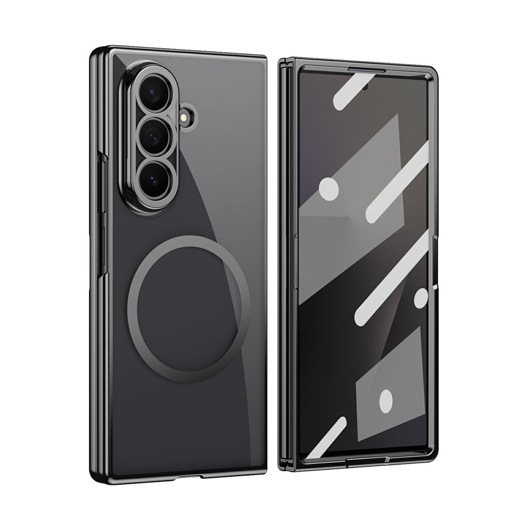 For Samsung Galaxy Z Fold7 5G Magnetic Case Electroplated PC Clear Phone Cover with Tempered Glass Film - Black