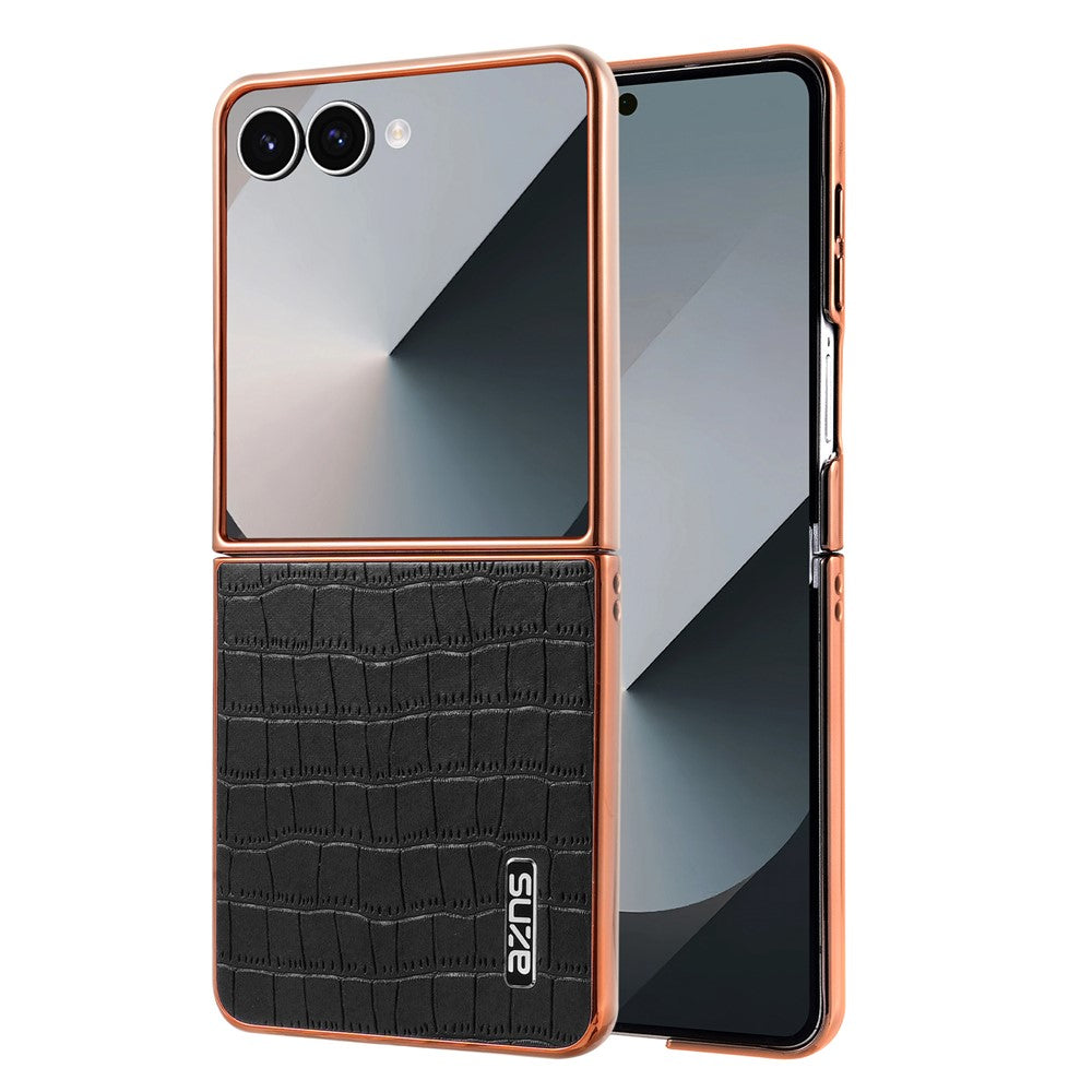 AZNS For Samsung Galaxy Z Flip7 5G Case Electroplating Crocodile Texture PU + PC Phone Cover - Black