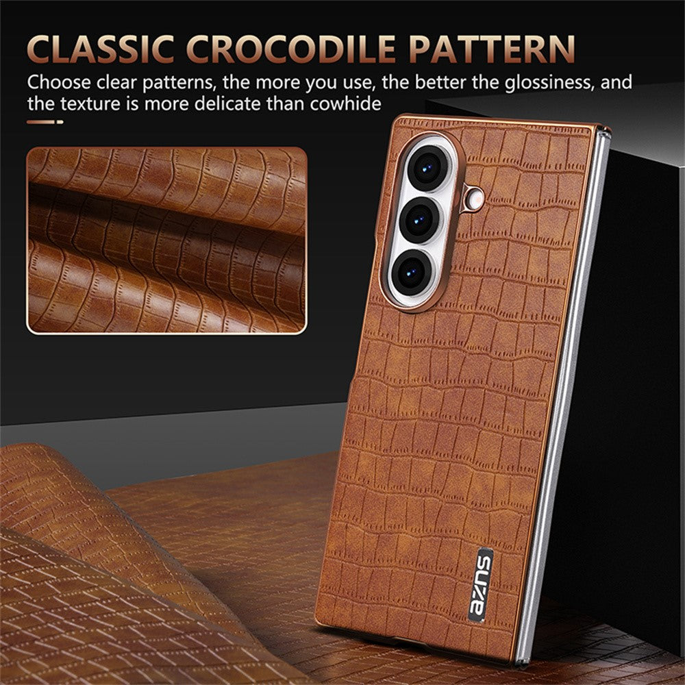 AZNS For Samsung Galaxy Z Fold7 5G Case Electroplating Crocodile Texture PU + PC Phone Cover - Black