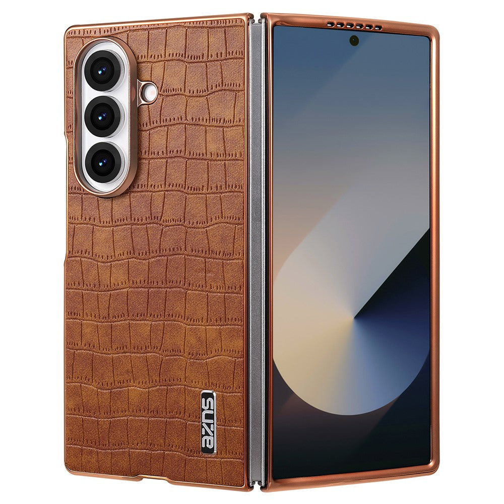 AZNS For Samsung Galaxy Z Fold7 5G Case Electroplating Crocodile Texture PU + PC Phone Cover - Brown