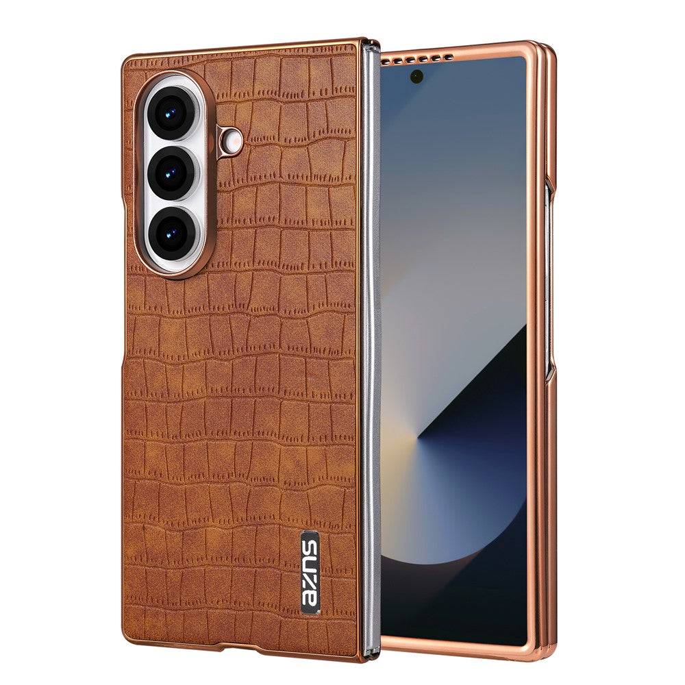AZNS For Samsung Galaxy Z Fold7 5G Case Electroplating Crocodile Texture PU + PC Phone Cover - Brown