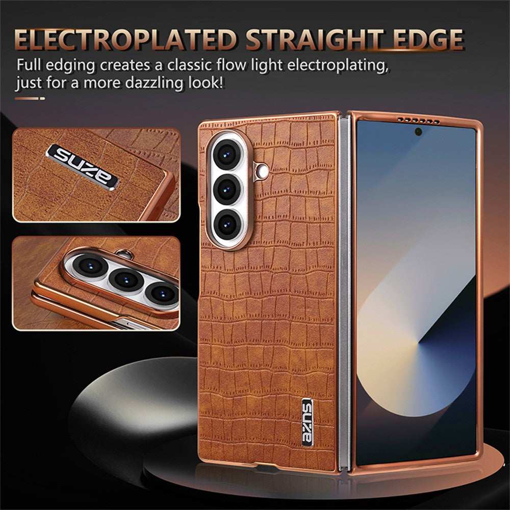 AZNS For Samsung Galaxy Z Fold7 5G Case Electroplating Crocodile Texture PU + PC Phone Cover - Brown