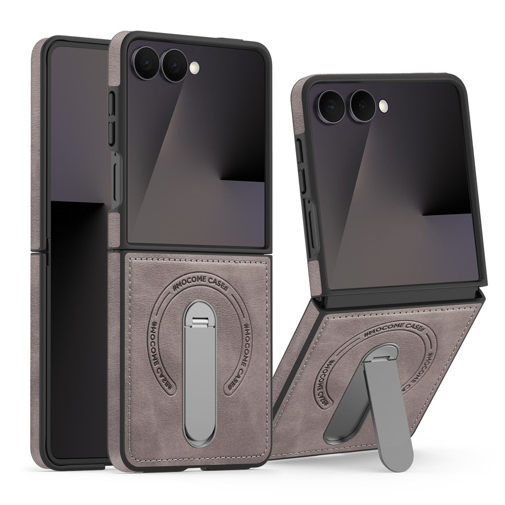For Samsung Galaxy Z Flip7 5G Magnetic Case Rotating Kickstand Leather Coated PC Phone Cover - Grey