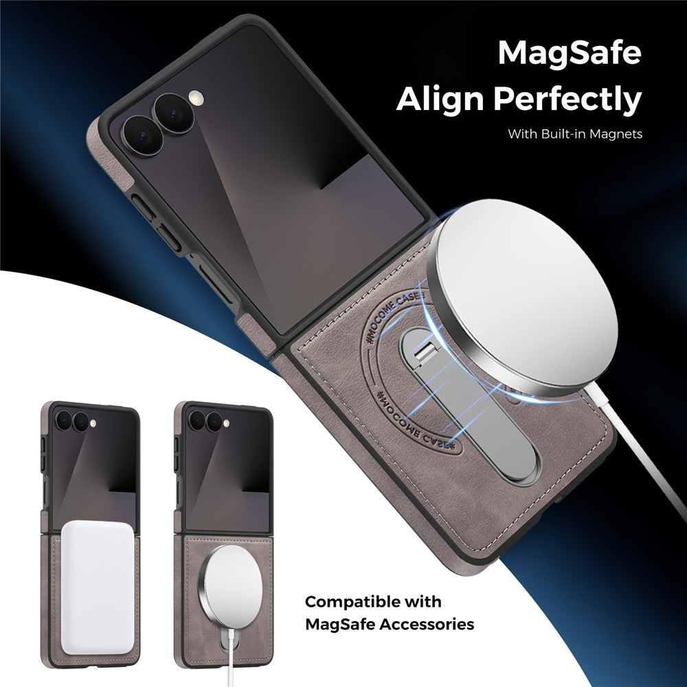 For Samsung Galaxy Z Flip7 5G Magnetic Case Rotating Kickstand Leather Coated PC Phone Cover - Grey