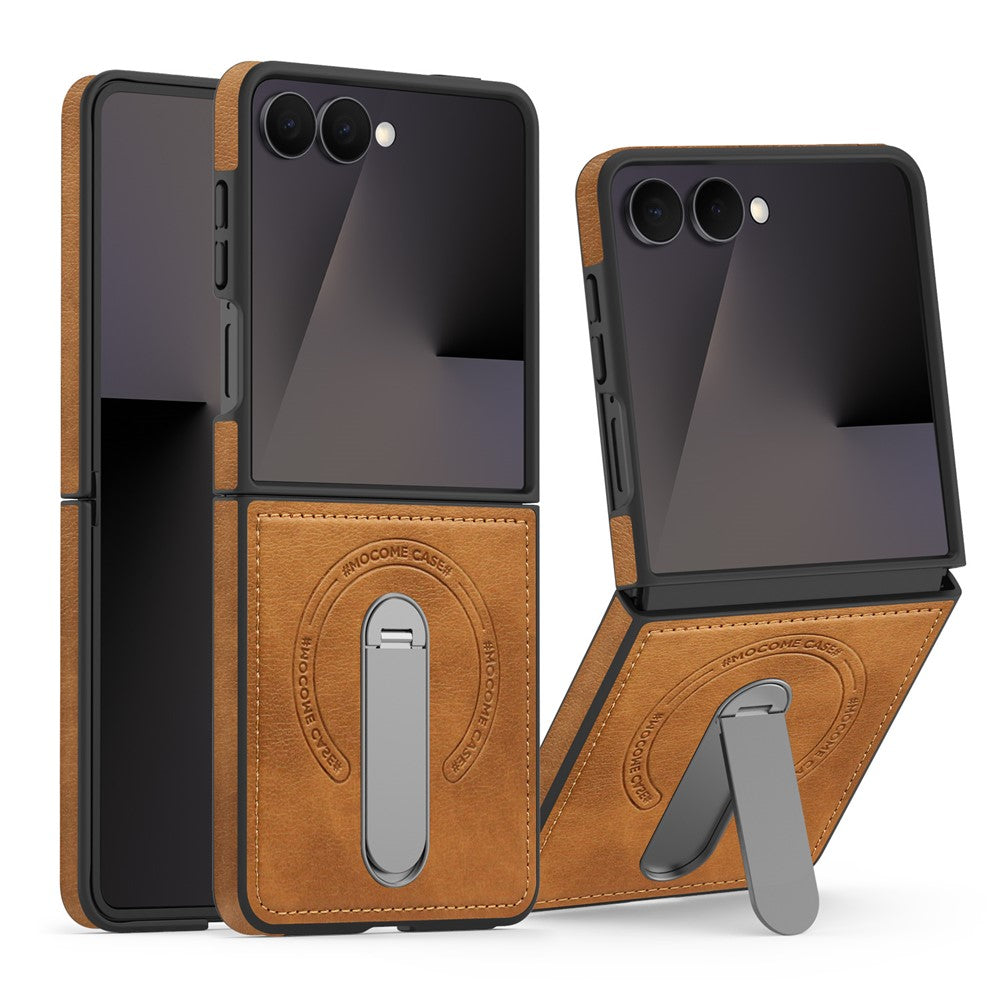 For Samsung Galaxy Z Flip7 5G Magnetic Case Rotating Kickstand Leather Coated PC Phone Cover - Brown