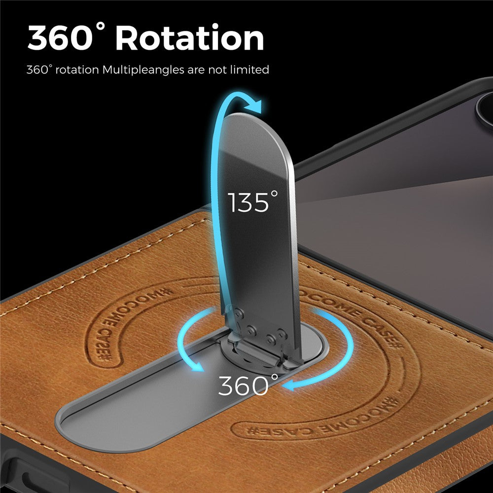 For Samsung Galaxy Z Flip7 5G Magnetic Case Rotating Kickstand Leather Coated PC Phone Cover - Brown