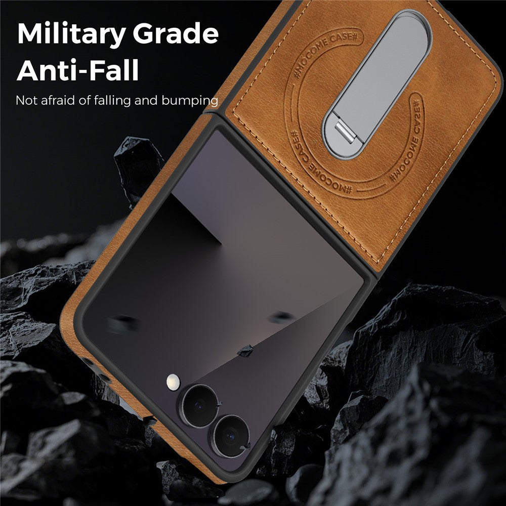 For Samsung Galaxy Z Flip7 5G Magnetic Case Rotating Kickstand Leather Coated PC Phone Cover - Brown