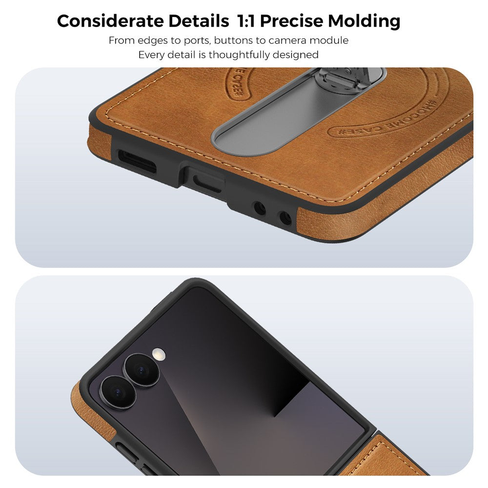 For Samsung Galaxy Z Flip7 5G Magnetic Case Rotating Kickstand Leather Coated PC Phone Cover - Brown
