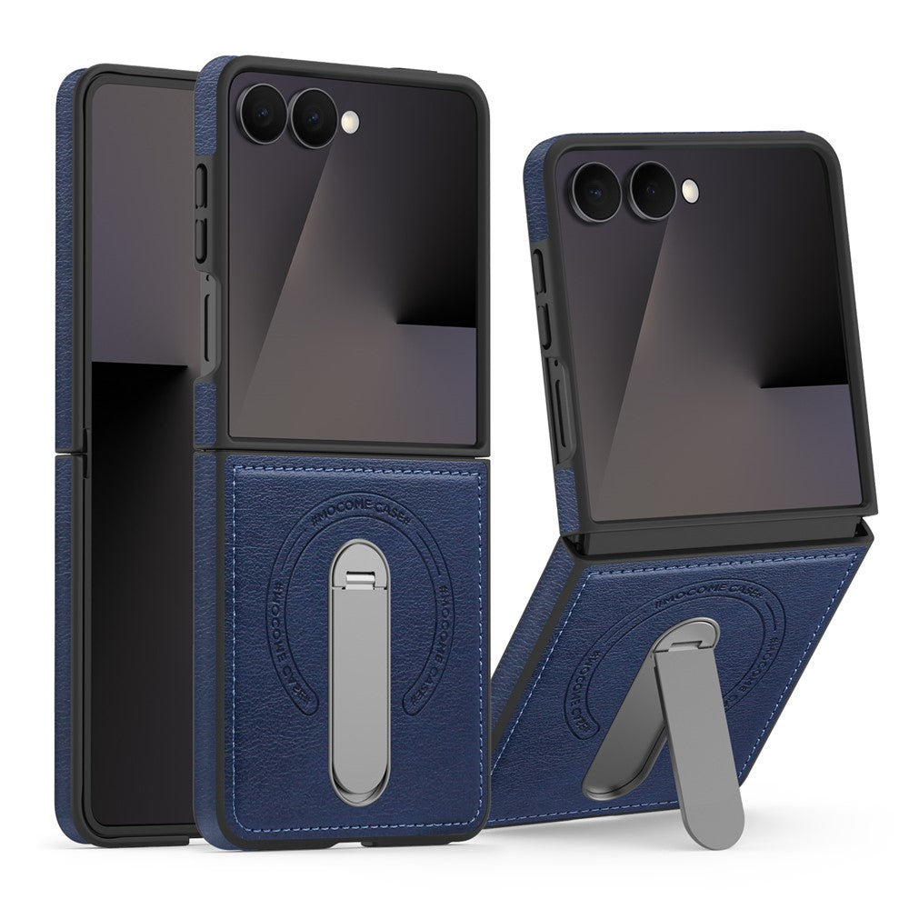 For Samsung Galaxy Z Flip7 5G Magnetic Case Rotating Kickstand Leather Coated PC Phone Cover - Sapphire
