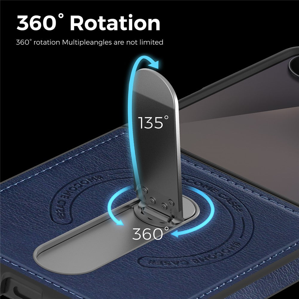 For Samsung Galaxy Z Flip7 5G Magnetic Case Rotating Kickstand Leather Coated PC Phone Cover - Sapphire