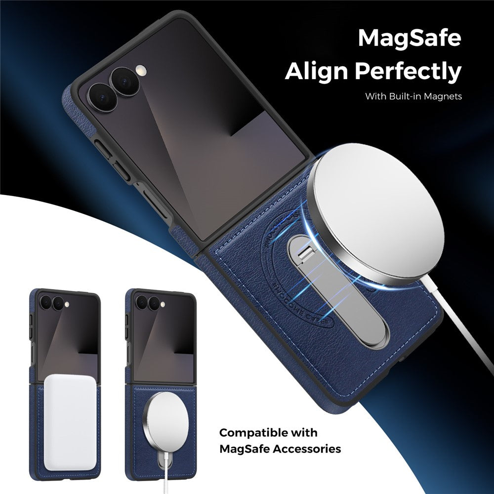 For Samsung Galaxy Z Flip7 5G Magnetic Case Rotating Kickstand Leather Coated PC Phone Cover - Sapphire