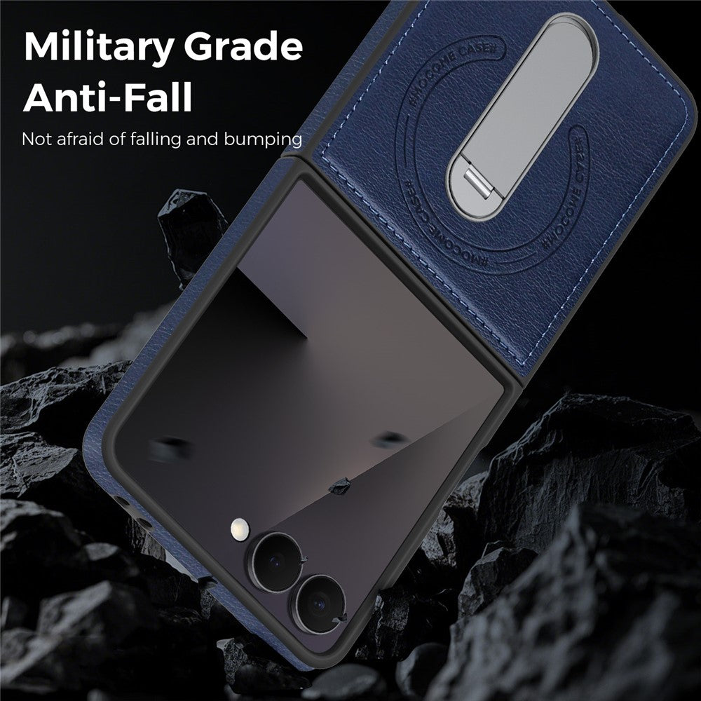 For Samsung Galaxy Z Flip7 5G Magnetic Case Rotating Kickstand Leather Coated PC Phone Cover - Sapphire