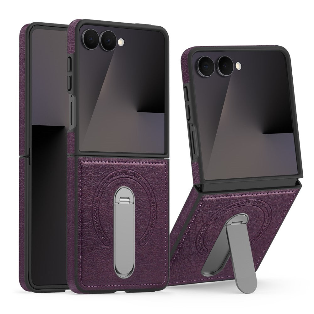 For Samsung Galaxy Z Flip7 5G Magnetic Case Rotating Kickstand Leather Coated PC Phone Cover - Dark Purple