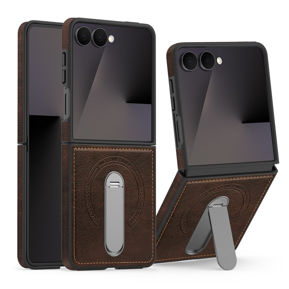 For Samsung Galaxy Z Flip7 5G Magnetic Case Rotating Kickstand Leather Coated PC Phone Cover - Coffee