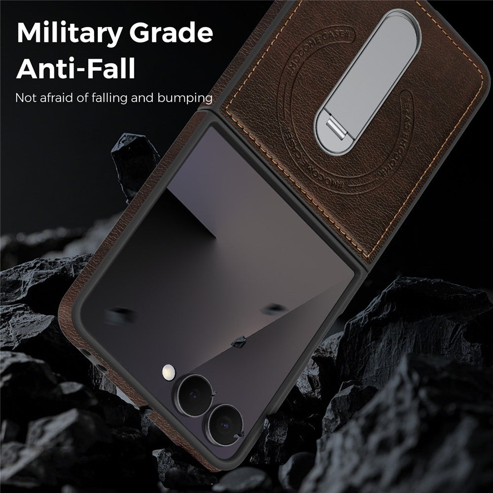 For Samsung Galaxy Z Flip7 5G Magnetic Case Rotating Kickstand Leather Coated PC Phone Cover - Coffee