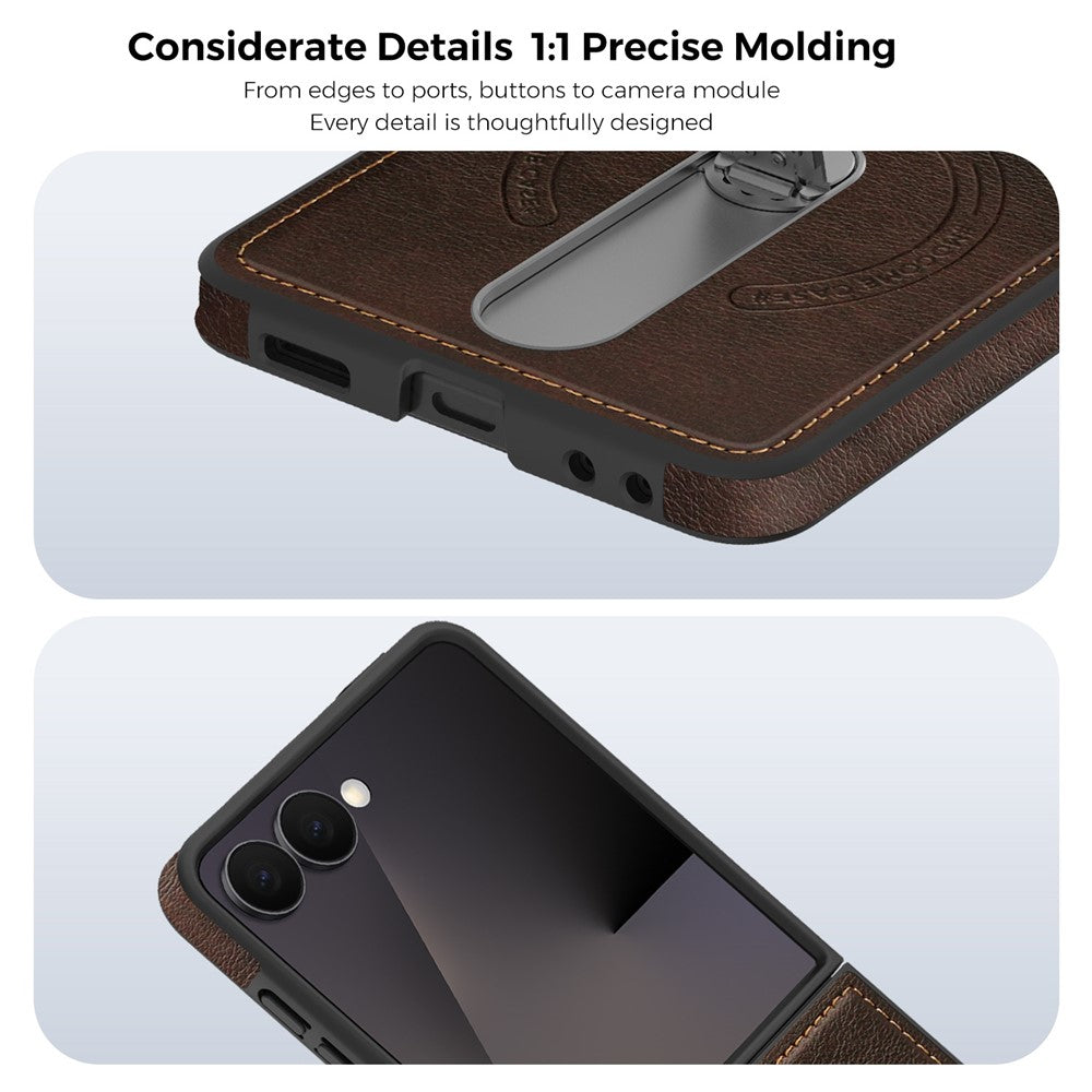 For Samsung Galaxy Z Flip7 5G Magnetic Case Rotating Kickstand Leather Coated PC Phone Cover - Coffee
