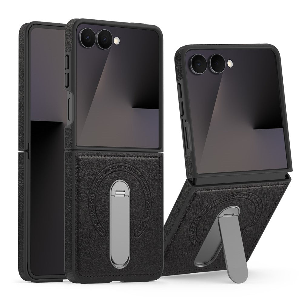 For Samsung Galaxy Z Flip7 5G Magnetic Case Rotating Kickstand Leather Coated PC Phone Cover - Black