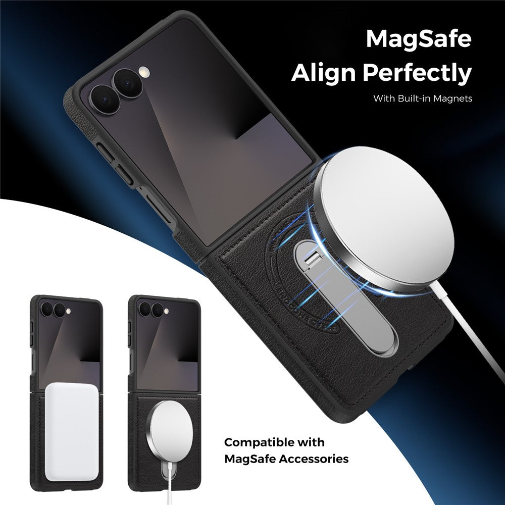 For Samsung Galaxy Z Flip7 5G Magnetic Case Rotating Kickstand Leather Coated PC Phone Cover - Black