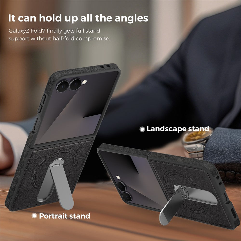 For Samsung Galaxy Z Flip7 5G Magnetic Case Rotating Kickstand Leather Coated PC Phone Cover - Black