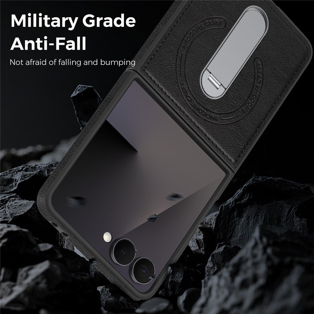 For Samsung Galaxy Z Flip7 5G Magnetic Case Rotating Kickstand Leather Coated PC Phone Cover - Black