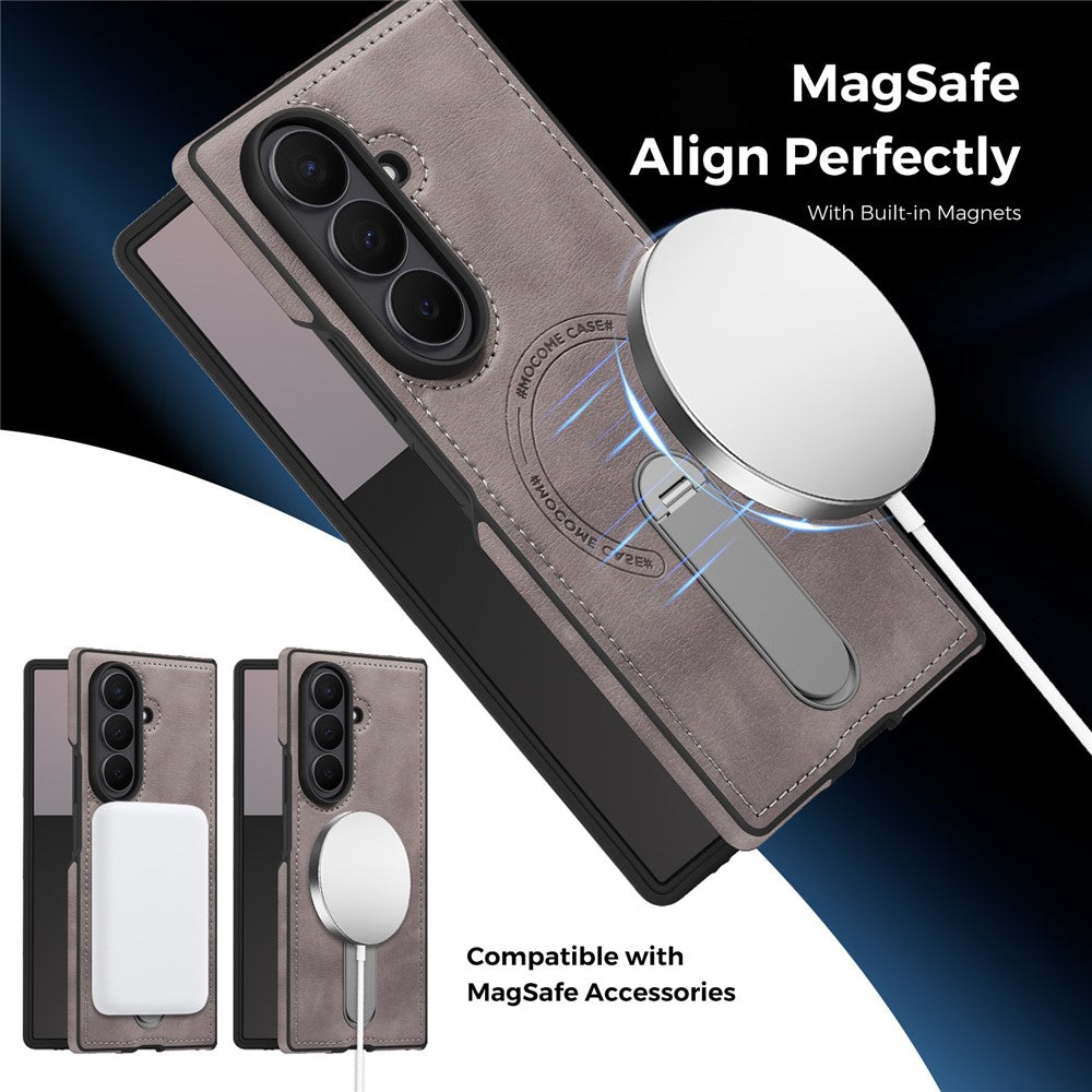 For Samsung Galaxy Z Fold7 5G Magnetic Case Rotating Kickstand Leather Coated PC Phone Cover - Grey
