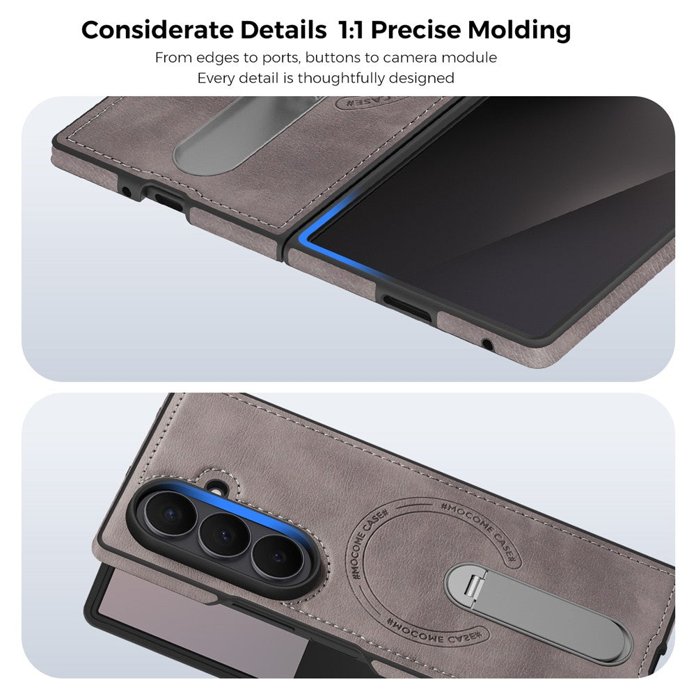 For Samsung Galaxy Z Fold7 5G Magnetic Case Rotating Kickstand Leather Coated PC Phone Cover - Grey