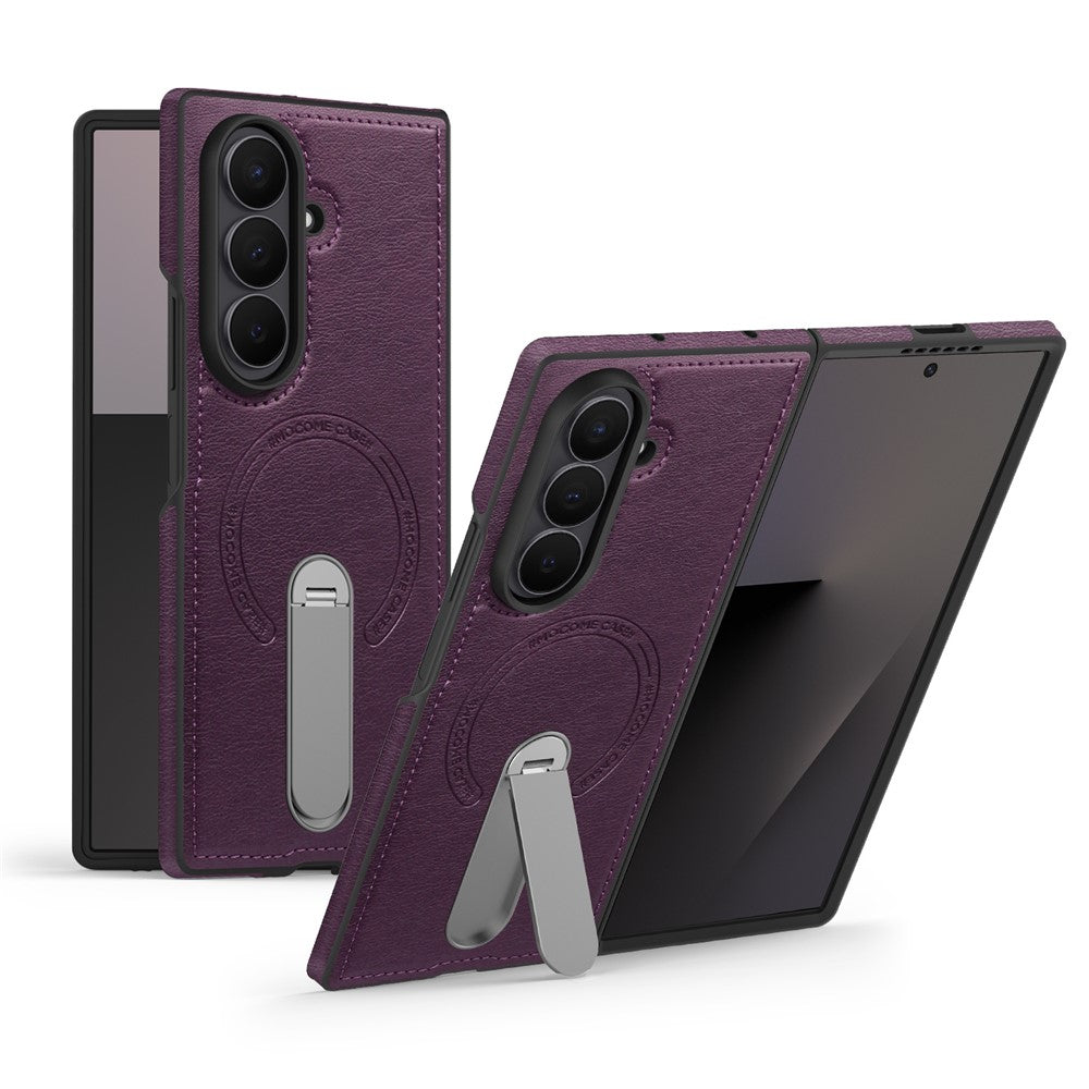 For Samsung Galaxy Z Fold7 5G Magnetic Case Rotating Kickstand Leather Coated PC Phone Cover - Dark Purple