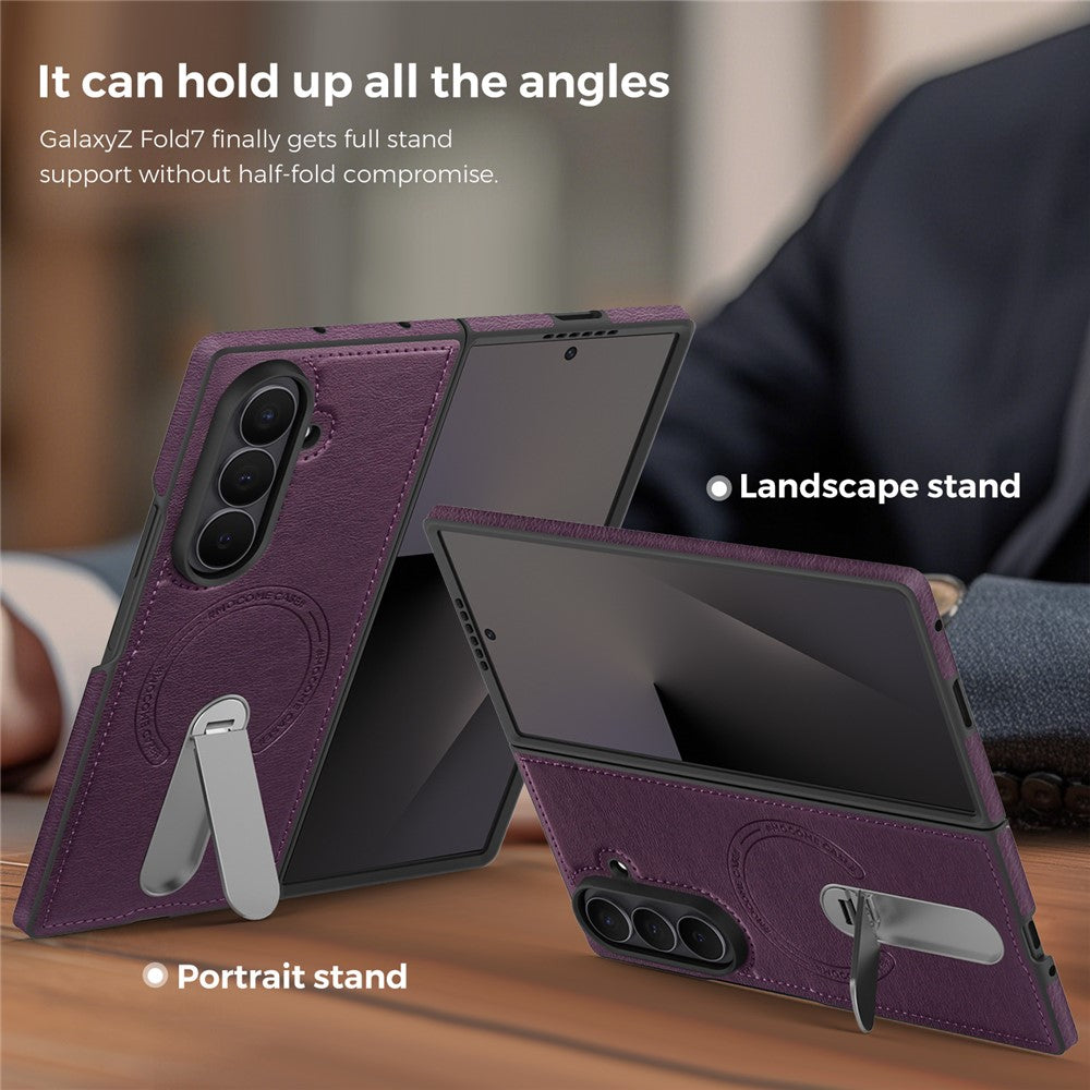 For Samsung Galaxy Z Fold7 5G Magnetic Case Rotating Kickstand Leather Coated PC Phone Cover - Dark Purple