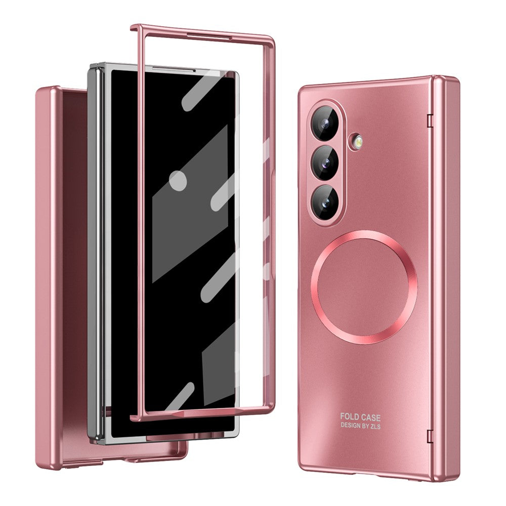 For Samsung Galaxy Z Fold7 5G Case Electroplated PC Magnetic Phone Cover with Tempered Glass Film - Rose Gold