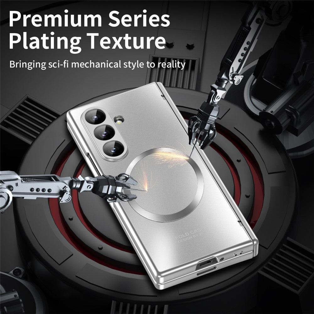 For Samsung Galaxy Z Fold7 5G Case Electroplated PC Magnetic Phone Cover with Tempered Glass Film - Silver