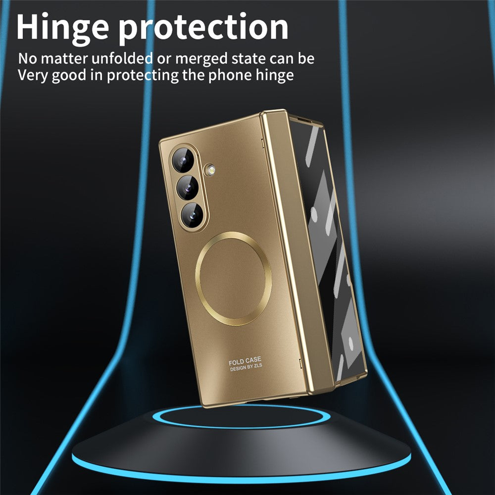 For Samsung Galaxy Z Fold7 5G Case Electroplated PC Magnetic Phone Cover with Tempered Glass Film - Champagne Gold