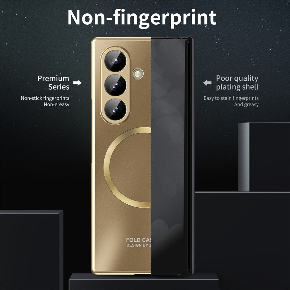 For Samsung Galaxy Z Fold7 5G Case Electroplated PC Magnetic Phone Cover with Tempered Glass Film - Champagne Gold