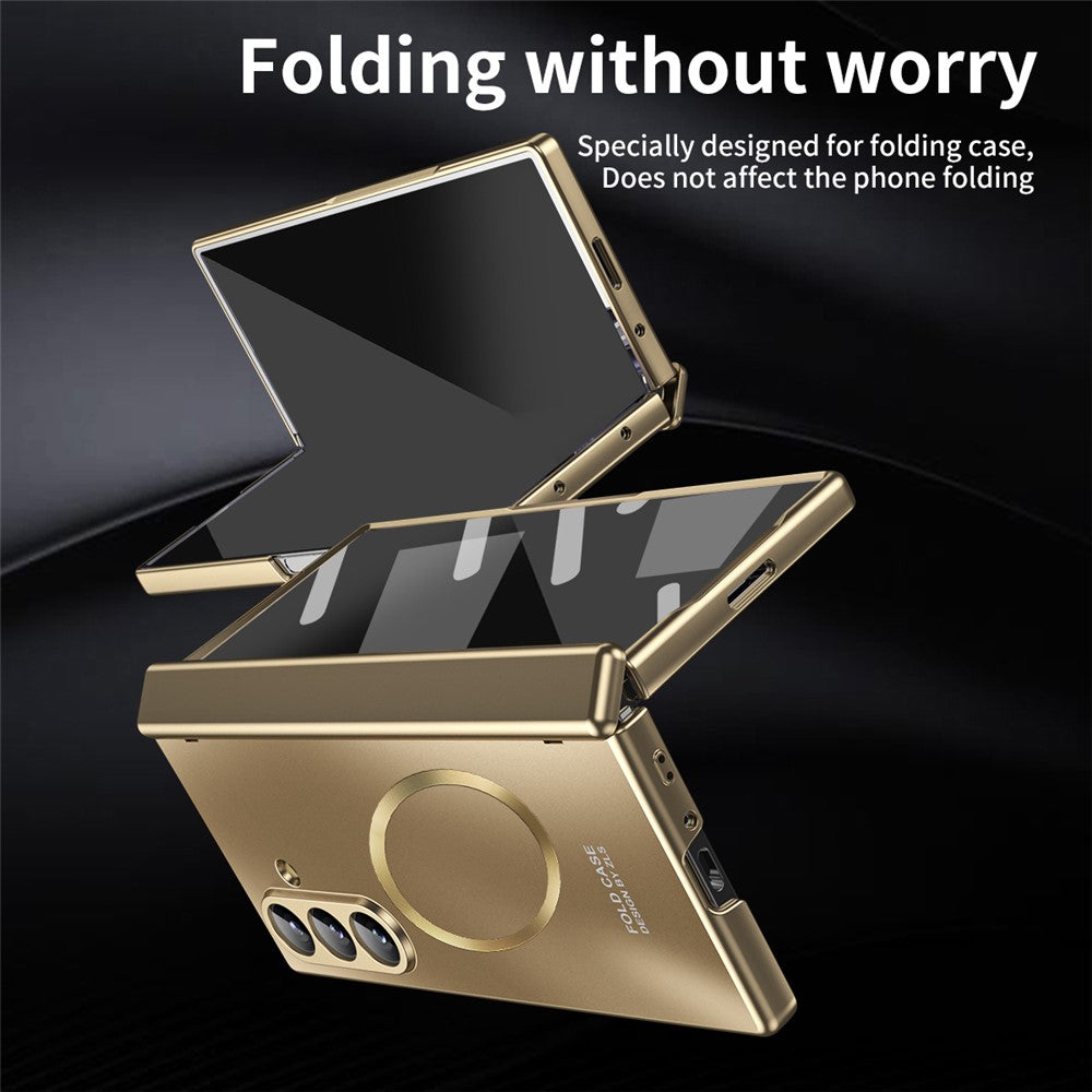 For Samsung Galaxy Z Fold7 5G Case Electroplated PC Magnetic Phone Cover with Tempered Glass Film - Champagne Gold