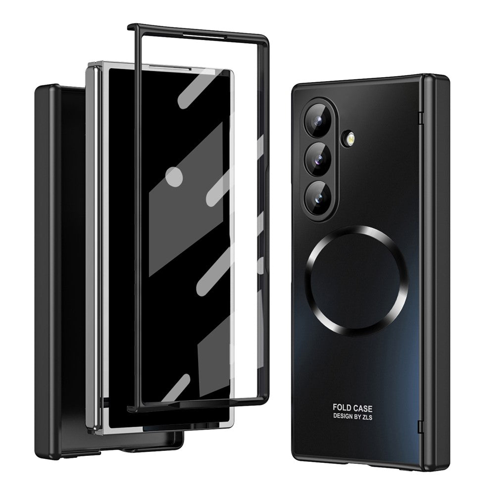 For Samsung Galaxy Z Fold7 5G Case Electroplated PC Magnetic Phone Cover with Tempered Glass Film - Black