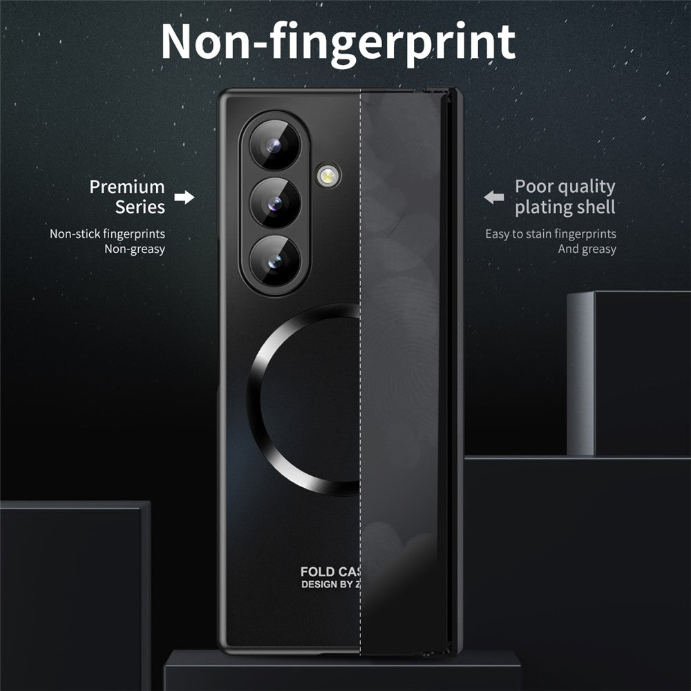 For Samsung Galaxy Z Fold7 5G Case Electroplated PC Magnetic Phone Cover with Tempered Glass Film - Black
