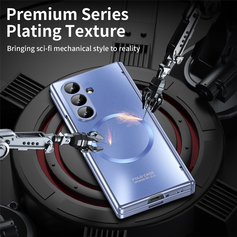 For Samsung Galaxy Z Fold7 5G Case Electroplated PC Magnetic Phone Cover with Tempered Glass Film - Blue