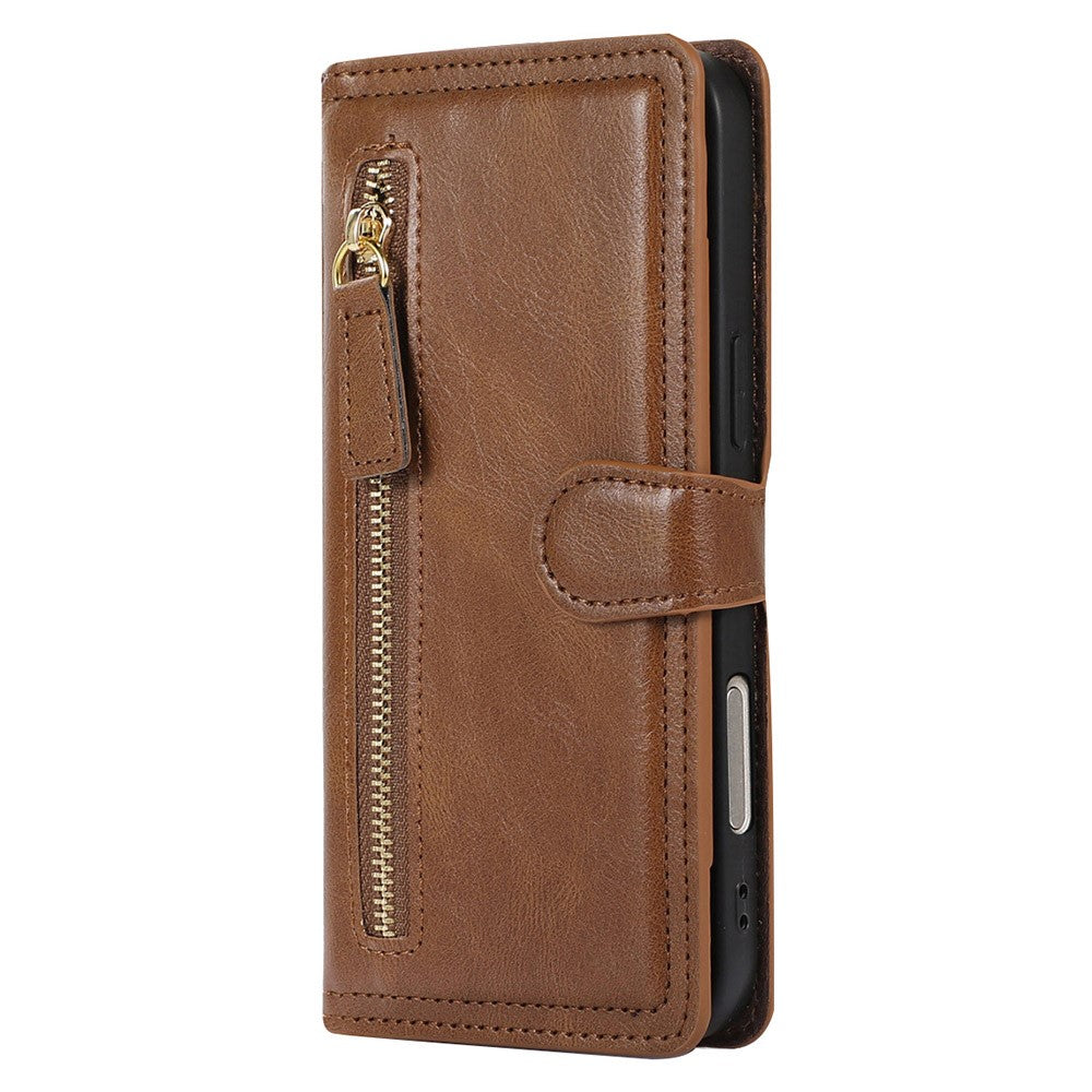 For iPhone 17 Pro Max Case Zipper Flip Leather Phone Cover with Card Holder - Brown