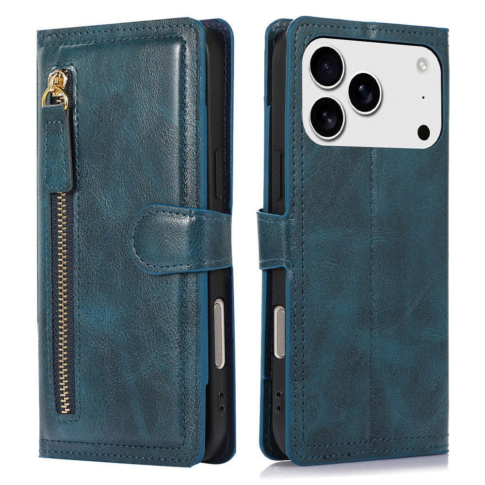 For iPhone 17 Pro Max Case Zipper Flip Leather Phone Cover with Card Holder - Blue