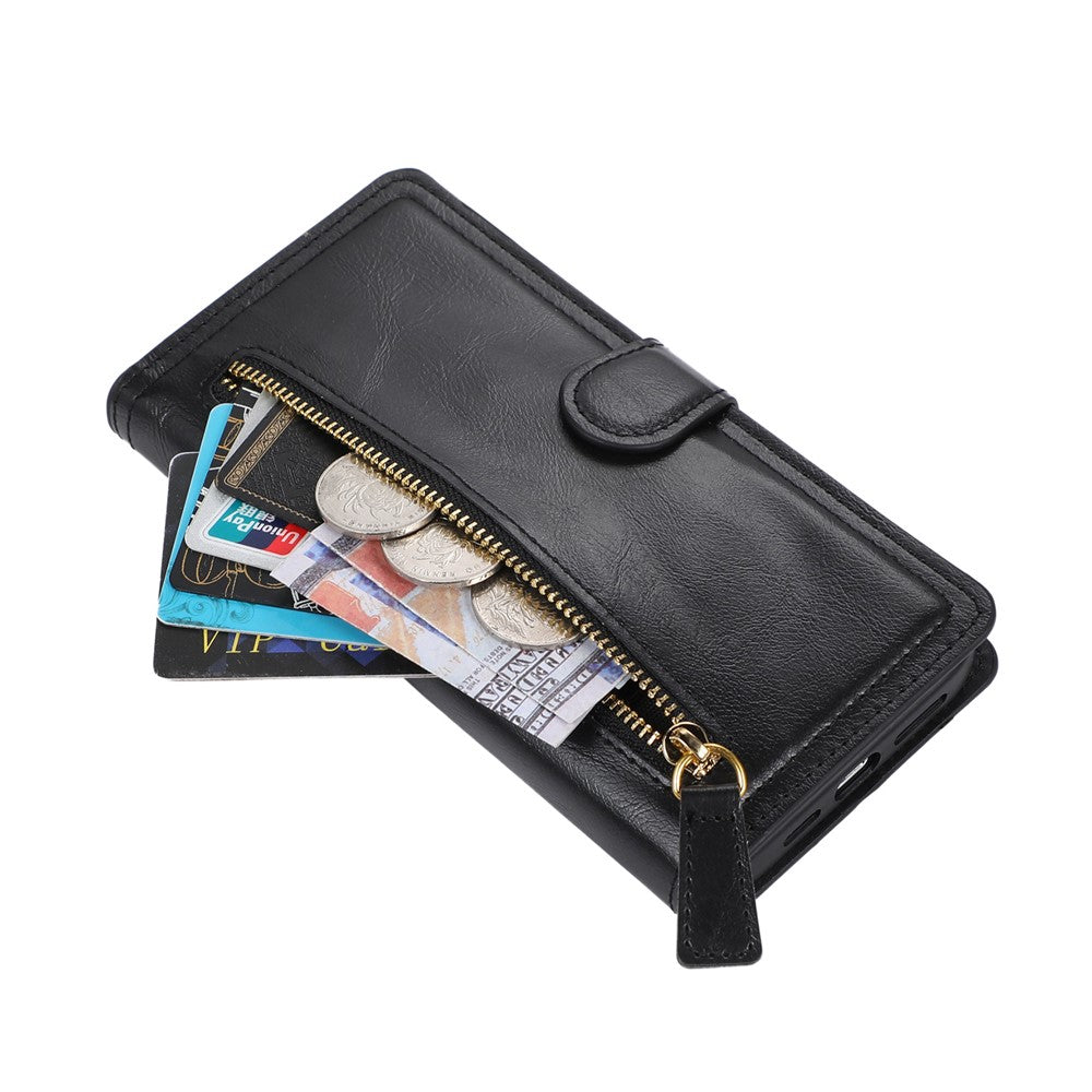 For iPhone 17 Pro Max Case Zipper Flip Leather Phone Cover with Card Holder - Black