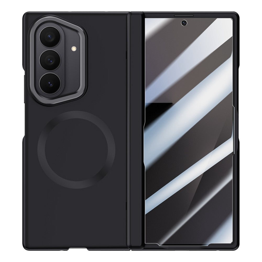 For Samsung Galaxy Z Fold7 5G Magnetic Case Hard PC Phone Cover with Privacy Tempered Glass Film / Lens Kickstand - Black