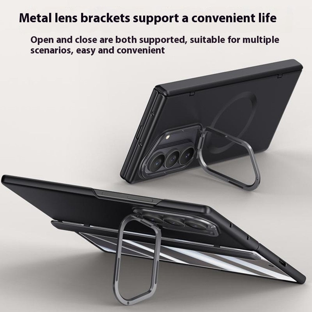 For Samsung Galaxy Z Fold7 5G Magnetic Case Hard PC Phone Cover with Privacy Tempered Glass Film / Lens Kickstand - Black