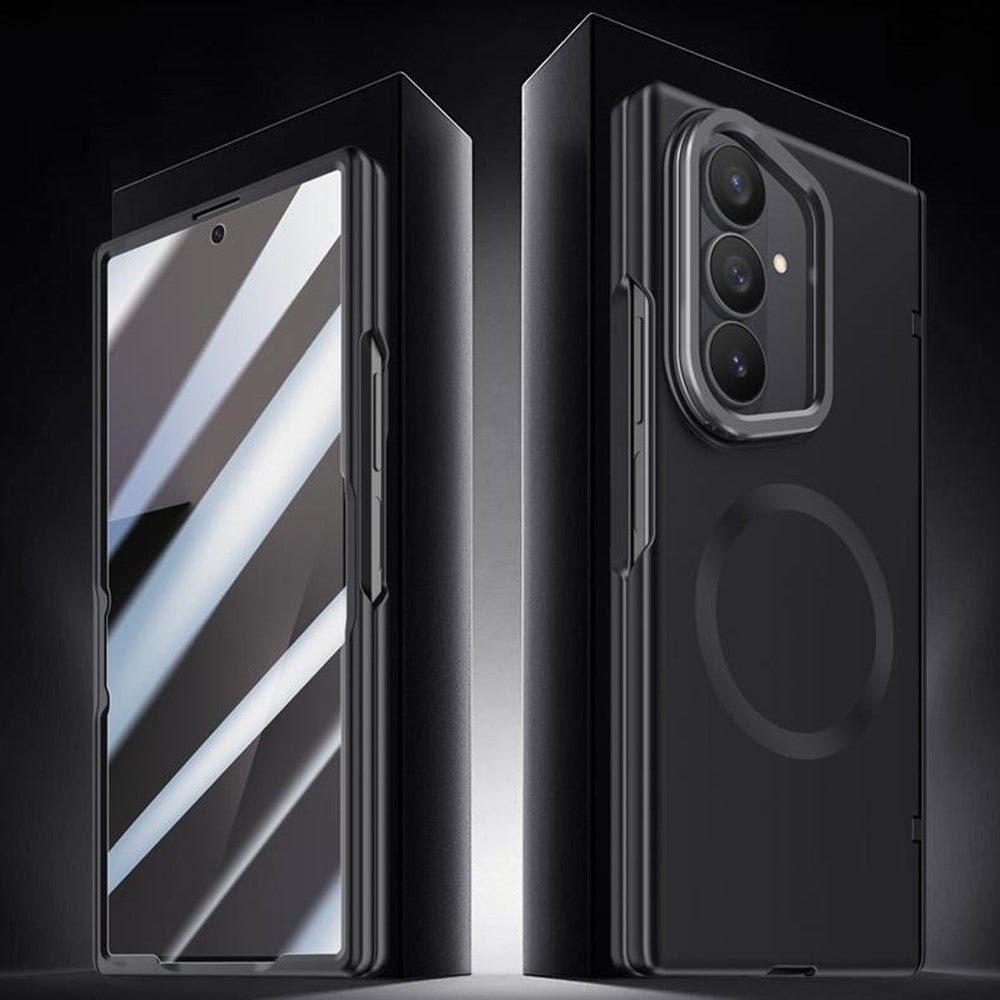 For Samsung Galaxy Z Fold7 5G Magnetic Case Hard PC Phone Cover with Privacy Tempered Glass Film / Lens Kickstand - Black