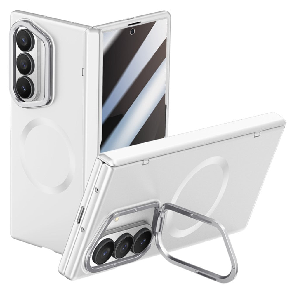 For Samsung Galaxy Z Fold7 5G Magnetic Case Hard PC Phone Cover with Privacy Tempered Glass Film / Lens Kickstand - Silver