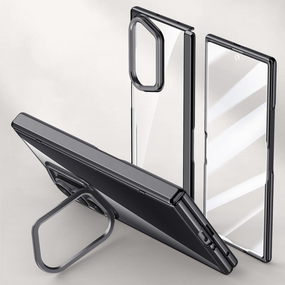 For Samsung Galaxy Z Fold7 5G Case PC + Acrylic Phone Cover with HD Tempered Glass Film, Lens Kickstand - Black